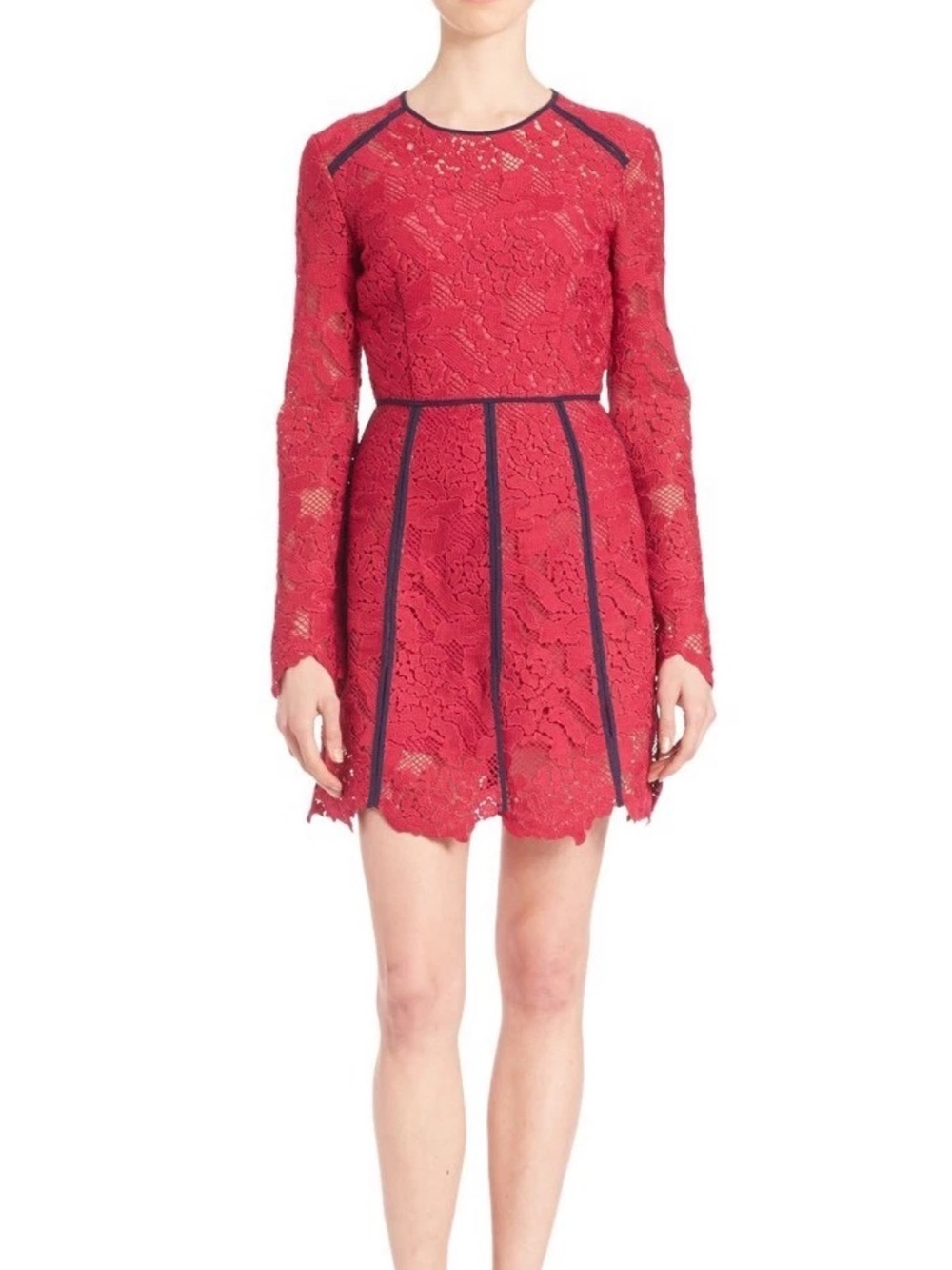 MSGM Red Lace Long-Sleeve A-Line Dress with Navy Piping